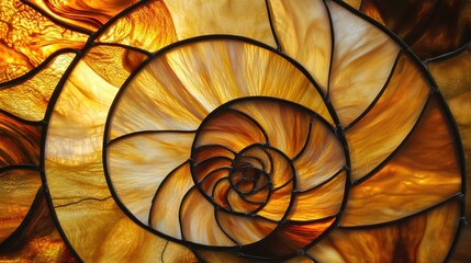 Golden-lined stained glass in warm, swirling nautilus shell tones, creating a soothing visual effect.