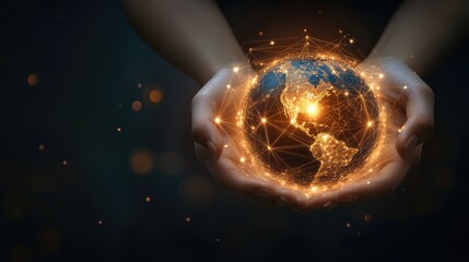Hands holding a glowing Earth, with bright connections indicating global interconnectivity.