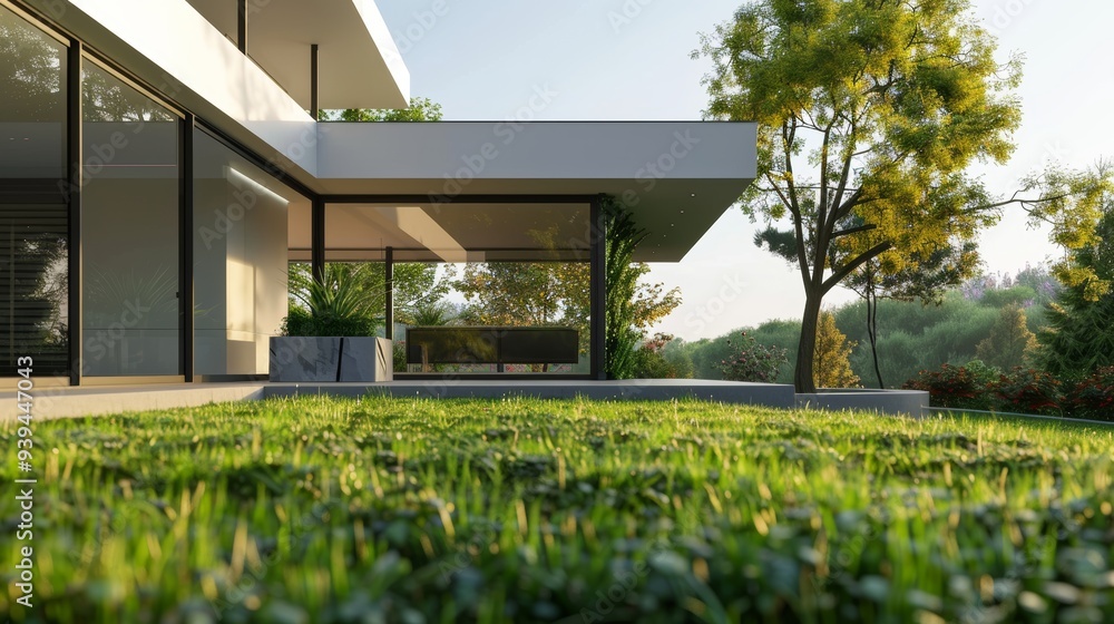 Wall mural This image displays a modern minimalist residence characterized by large glass walls, set amidst lush greenery, under a clear blue sky.