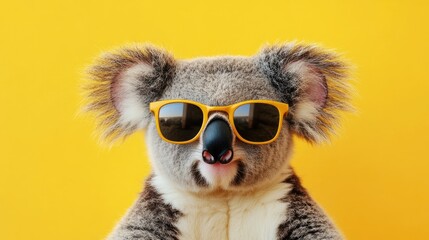 Fototapeta premium Koala bear with sunglasses on a yellow background, a fun and charming depiction of this beloved animal.