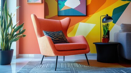 Fototapeta premium Modern armchair in a room with bold, geometric designs and a mix of bright, contrasting colors, creating a vibrant space.