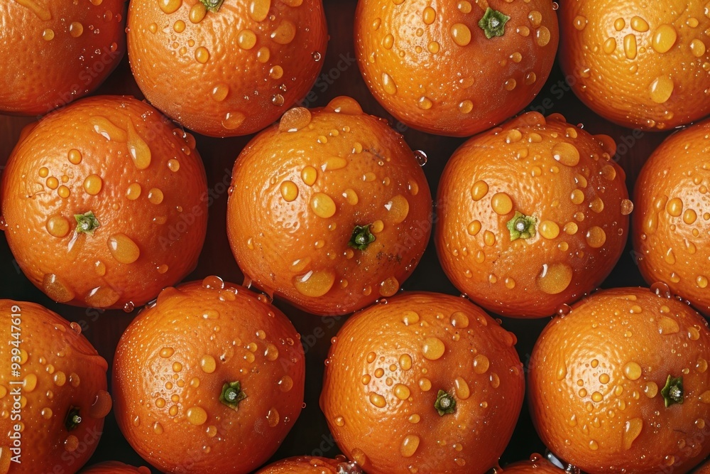 Poster fresh tangerines covered with water droplets are lying next to each other creating an appealing food