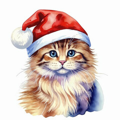 a cute fluffy cat and a red hat, preparations for the New Year and Christmas, winter holidays, happy December. a pet. watercolor illustration. artificial intelligence generator, AI, neural network ima