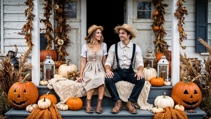 Halloween scene inspired by Cottagecore aesthetic. Young couple, dressed in simple, handmade costumes reminiscent of rural life, sits on the porch of an old country cottage.