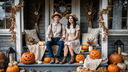 Halloween scene inspired by Cottagecore aesthetic. Young couple, dressed in simple, handmade costumes reminiscent of rural life, sits on the porch of an old country cottage.