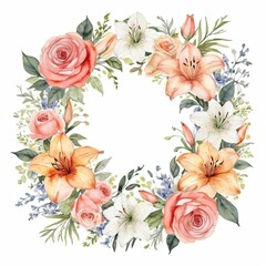 Watercolor Floral Wreath with Roses and Lilies.