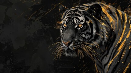 Stylized depiction of a tiger, characterized by its black and white stripes with gold accents, set against a dark, abstract background