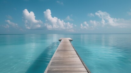 Fototapeta premium Wooden dock extending into a tranquil turquoise sea under a partly cloudy sky