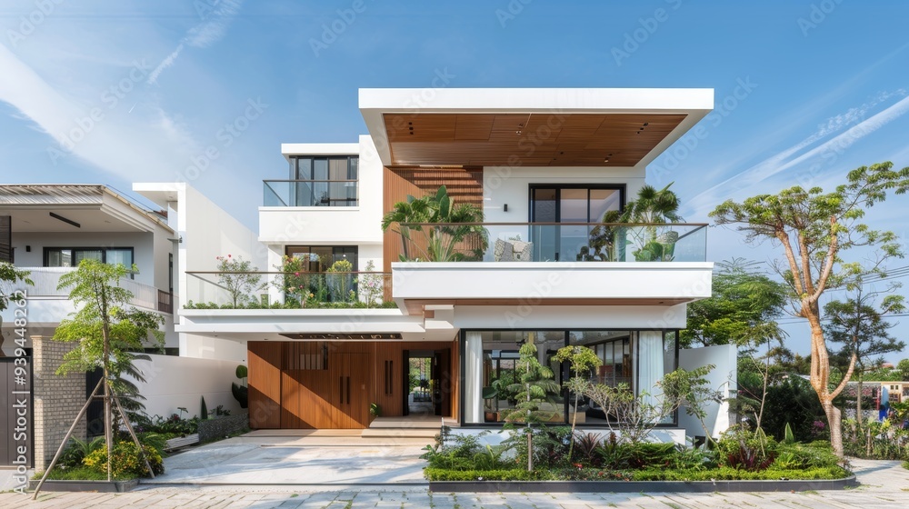 Poster Contemporary white house featuring expansive windows, a lush garden, and clean architectural designs, bathed in sunlight.