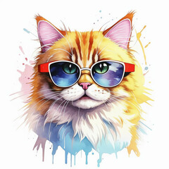 Fototapeta premium cute fluffy pet in stylish glasses. a pet. watercolor illustration. artificial intelligence generator, AI, neural network image. background for the design.