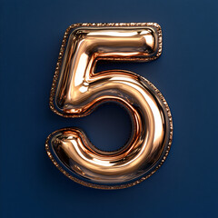 a shiny, metallic number 5 with a copper finish, placed on a reflective surface.