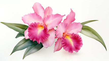 Beautiful pink Cattleya orchid flowers with leaves isolated on a white background, watercolor illustration clipart, Generative AI