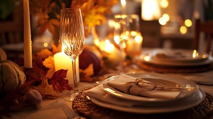 A cozy and inviting Thanksgiving dinner table setting featuring autumn leaves lit candles and a warm festive atmosphere perfect for a seasonal with family and friends