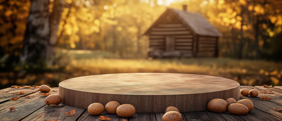 A rustic wooden platform surrounded by almonds, with a warm autumn backdrop featuring a cozy cabin and golden foliage.