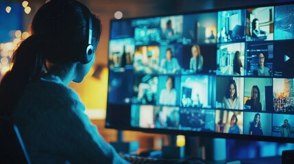 Collaborative Close-Up: A Computer Screen Displays Multiple Participants in a Business Video Conference.