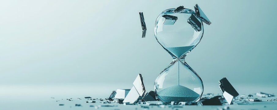 A broken glass clock with a sand timer on top of it. Concept of time passing by and the fragility of time