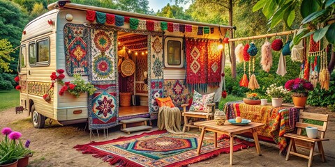 Naklejka premium Embroidered fabrics, macrame, and ethnic patterns blend in vibrant colors with eclectic accessories in a warm and inviting space, perfect for free-spirited travelers.