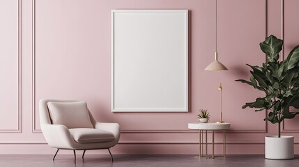 Soft pastel blank wall with white frame, stylish modern furniture, minimal decor, calm ambiance