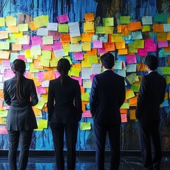 A group of people are standing in front of a wall covered in colorful sticky notes. The notes are arranged in a way that creates a sense of chaos and disorganization