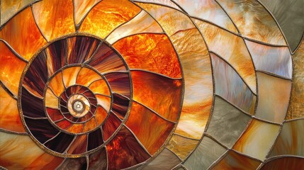 Fototapeta premium Stained glass with golden lines in warm nautilus shell tones, exuding a natural elegance and glow.