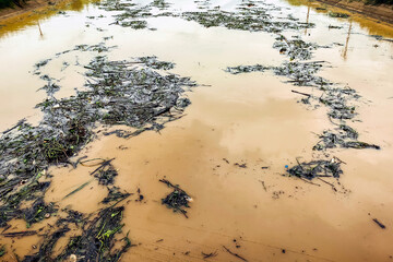 View of irrigation canal with weeds and debris flowing together with strong flowing dirty brown water due to soil and mud from forest after heavy rains and floods. La Nina crisis, Water pollution.