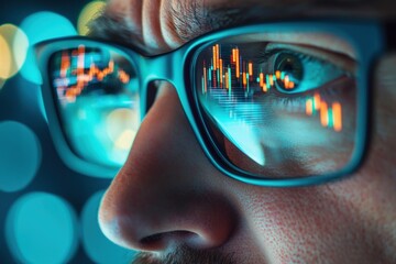 A man is looking at a computer screen with a blurry image of his face. The image is of a man wearing glasses and has a dark background