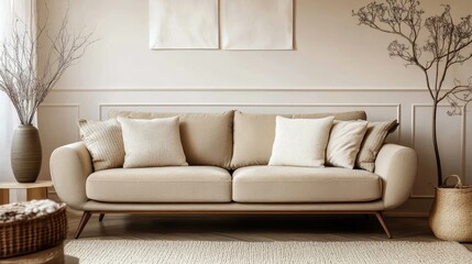 Stylish beige sofa with decorative pillows, modern living room interior, inviting atmosphere