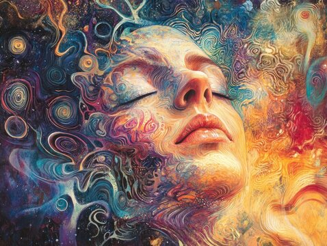 Dreamlike Surreal Woman with Closed Eyes in Colorful Abstract Fantasy Art