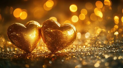 Fototapeta premium Two golden hearts shining brightly, surrounded by a romantic decorative background for Valentine's Day.