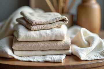 "Eco-Friendly Cotton Towels: Soft Beige Textiles Folded on Rustic Wooden Table