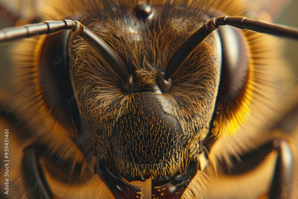 Poster extreme macro image of a honey bee face showing golden colors and fuzz