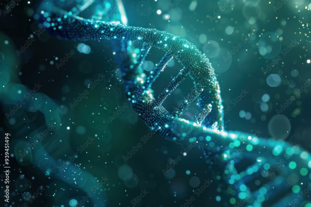 Poster abstract representation of a dna double helix with glowing particles in a blue green color scheme