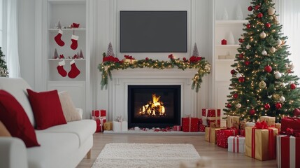 A cozy living room decorated for Christmas
