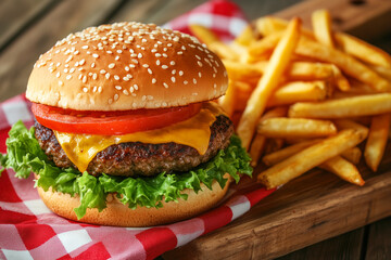 Fries and a cheeseburger on a checkered napkin
