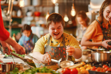 Joyful person with Down syndrome cooking in kitchen