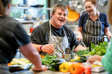 Man with Down syndrome smiling in kitchen