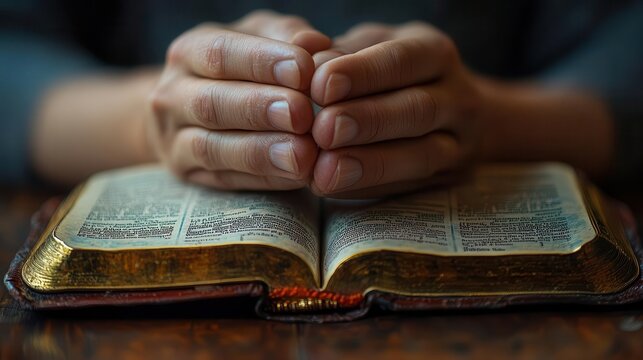 spiritual devotion closeup of hands clasped in prayer over open bible serene image conveying faith reflection and connection to religious teachings