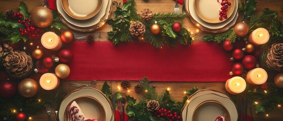 A festive dinner table set for Christmas with candles  holly  and ornaments