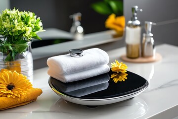 A modern, slim-profile bathroom scale with an elegant design, providing accurate weight measurements while complementing contemporary decor