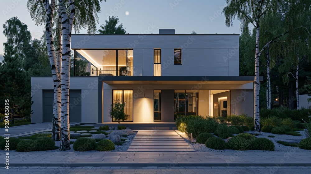 Poster A sleek modern house with a minimalist design, showcasing large windows and a well-tended garden, illuminated at night in a serene setting.