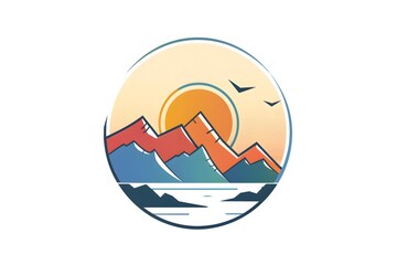 Colorful mountain landscape with a setting sun and flying birds in a circular design.