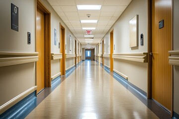 A long, empty hospital corridor with doors on either side, leading to a window at the end.