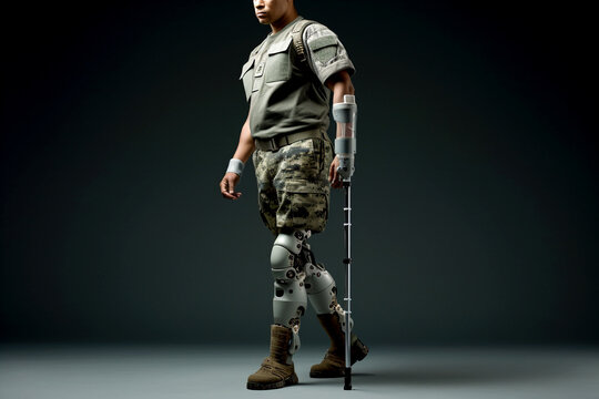 A veteran in military uniform is shown with a prosthetic leg and using crutches for support. Rehabilitation and resilience, strength of those adapting to life with prostheses