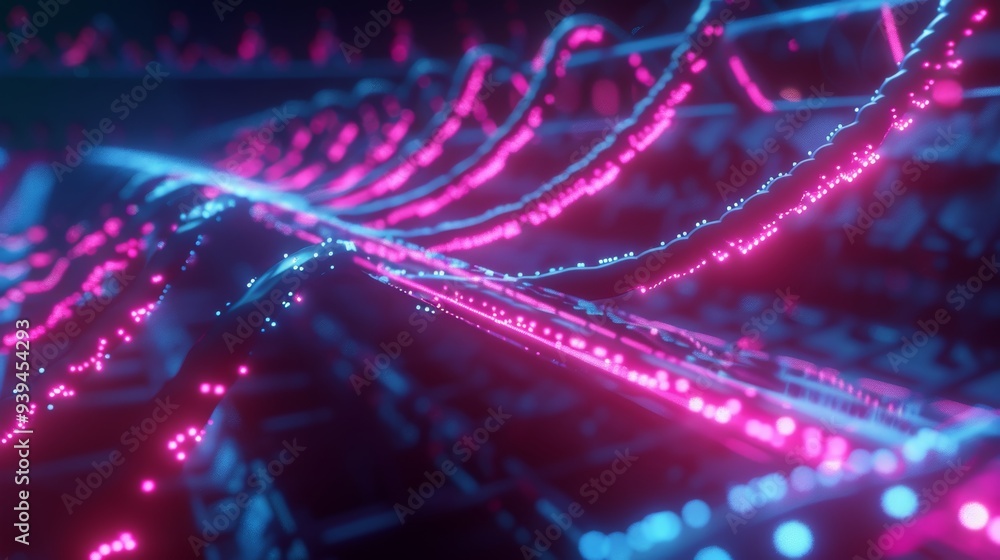 Poster An abstract depiction of intertwined blue and pink light strands in a digital landscape, symbolizing connectivity and technology.