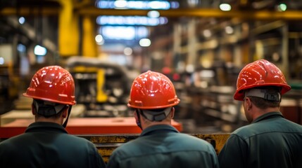 A Team of Focused Construction Workers in Factory with Hard Hats, Emblematic of Industrial Strength and Safety Measures