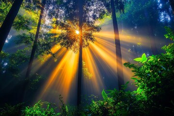 Sunlight beams through the canopy of a lush, misty forest, creating a magical and ethereal atmosphere.