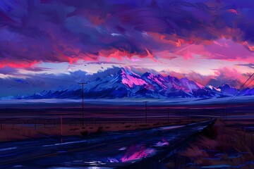 Vibrant sunset over majestic mountains with a winding road and colorful sky.
