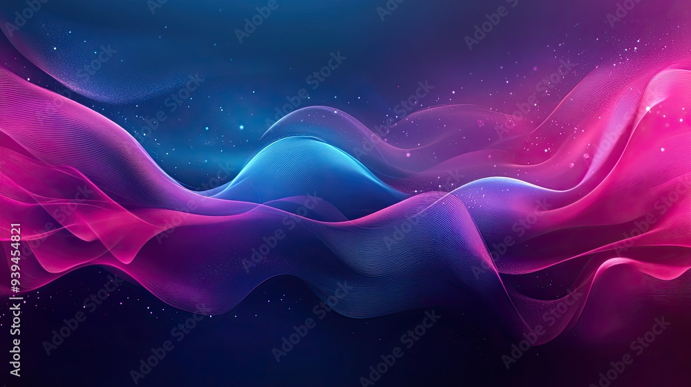 Aufkleber an abstract background with a color gradient from dark blue to magenta, featuring fluid waves and br