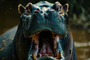 Hippopotamus is opening its mouth wide, showing its large teeth and pink tongue