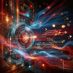futuristic technology data visualization, glowing neon arrows and grids, abstract cyber circuit board, big data analytics concept, digital energy impulses, fiery red and blue tones, particle flow moti
